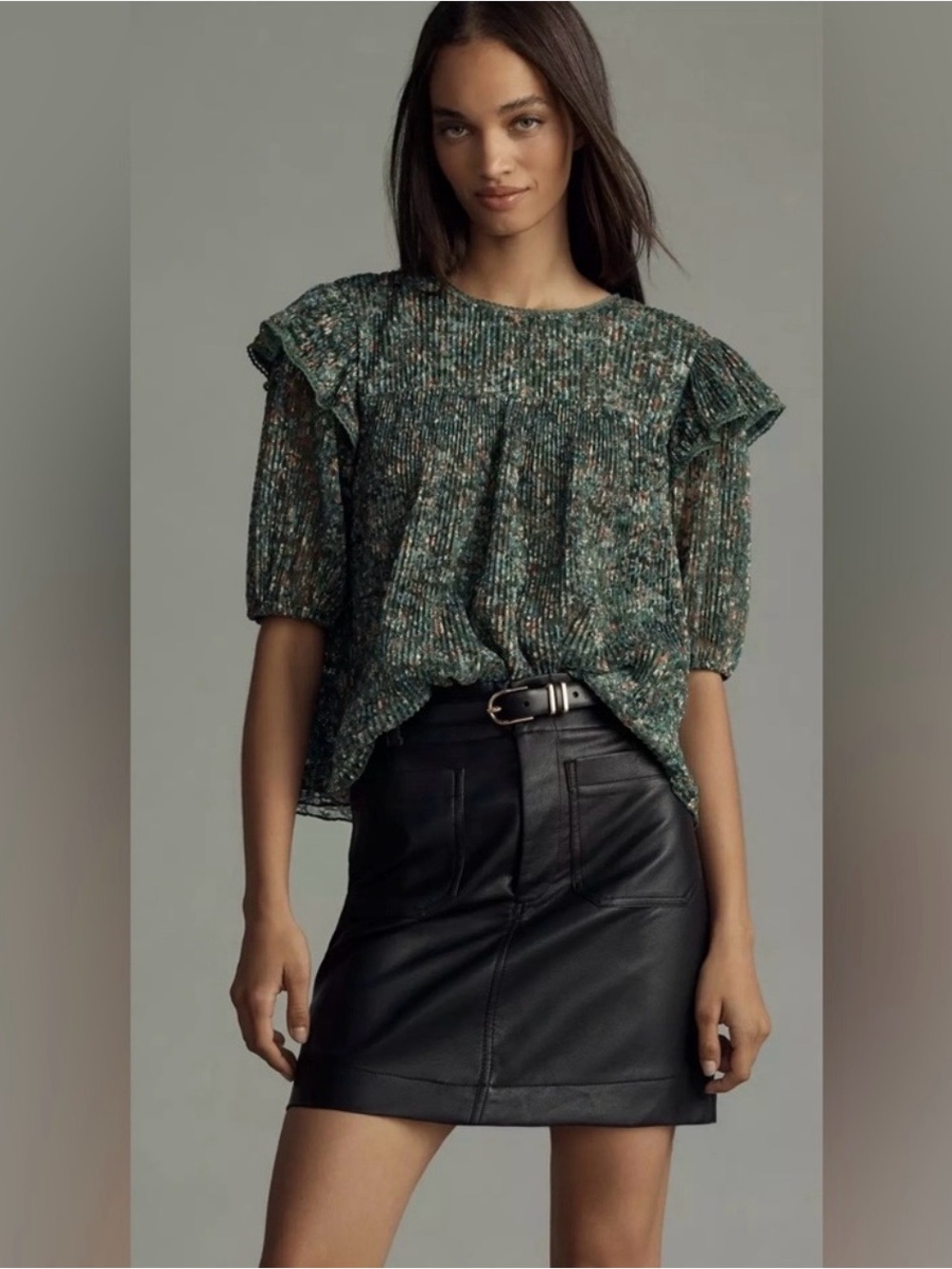 Anthropologie x Porridge Green Floral Pleated Lace Ruffle Blouse